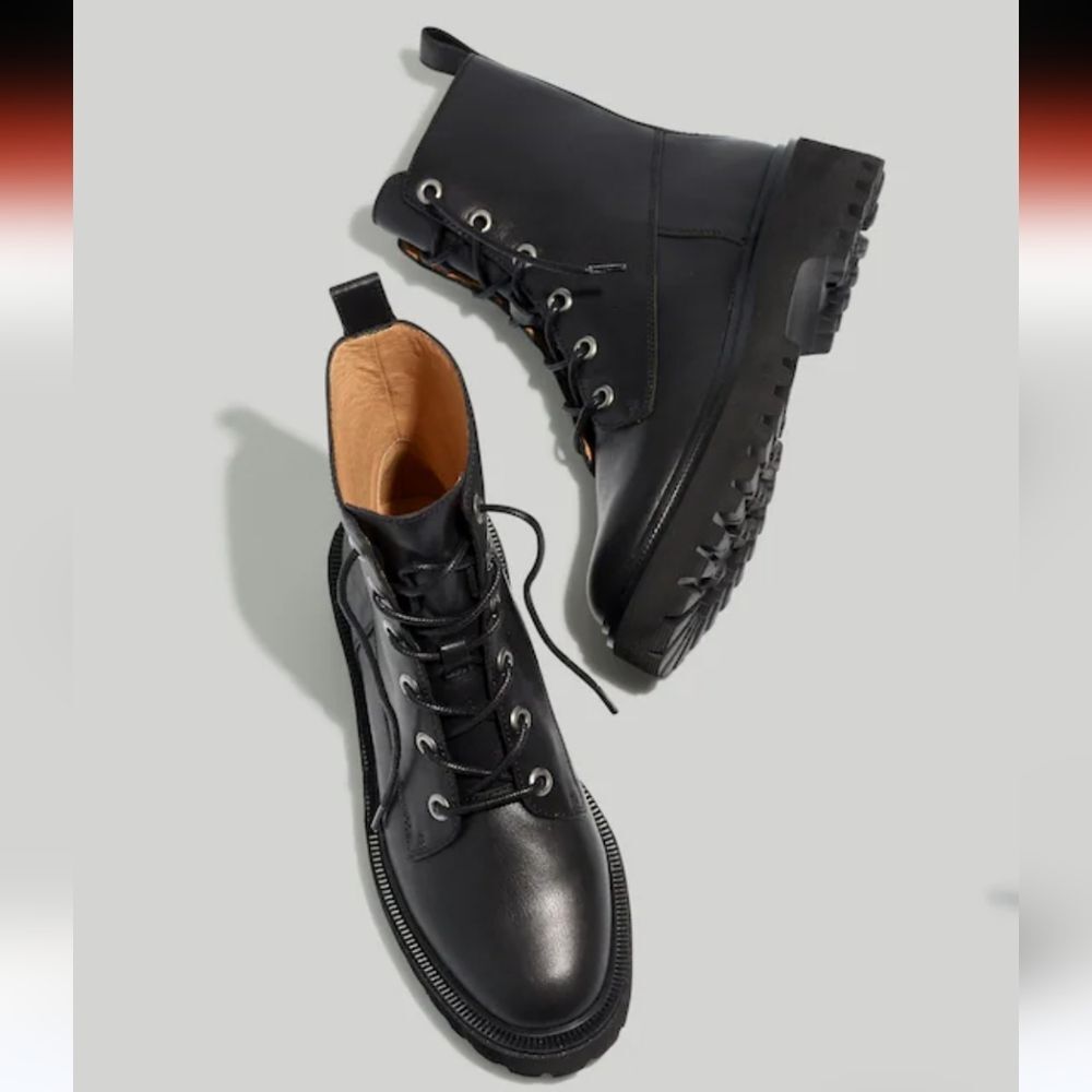 Madewell The Rayna Lace-Up Boot Combat Moto Leather Black Size 8